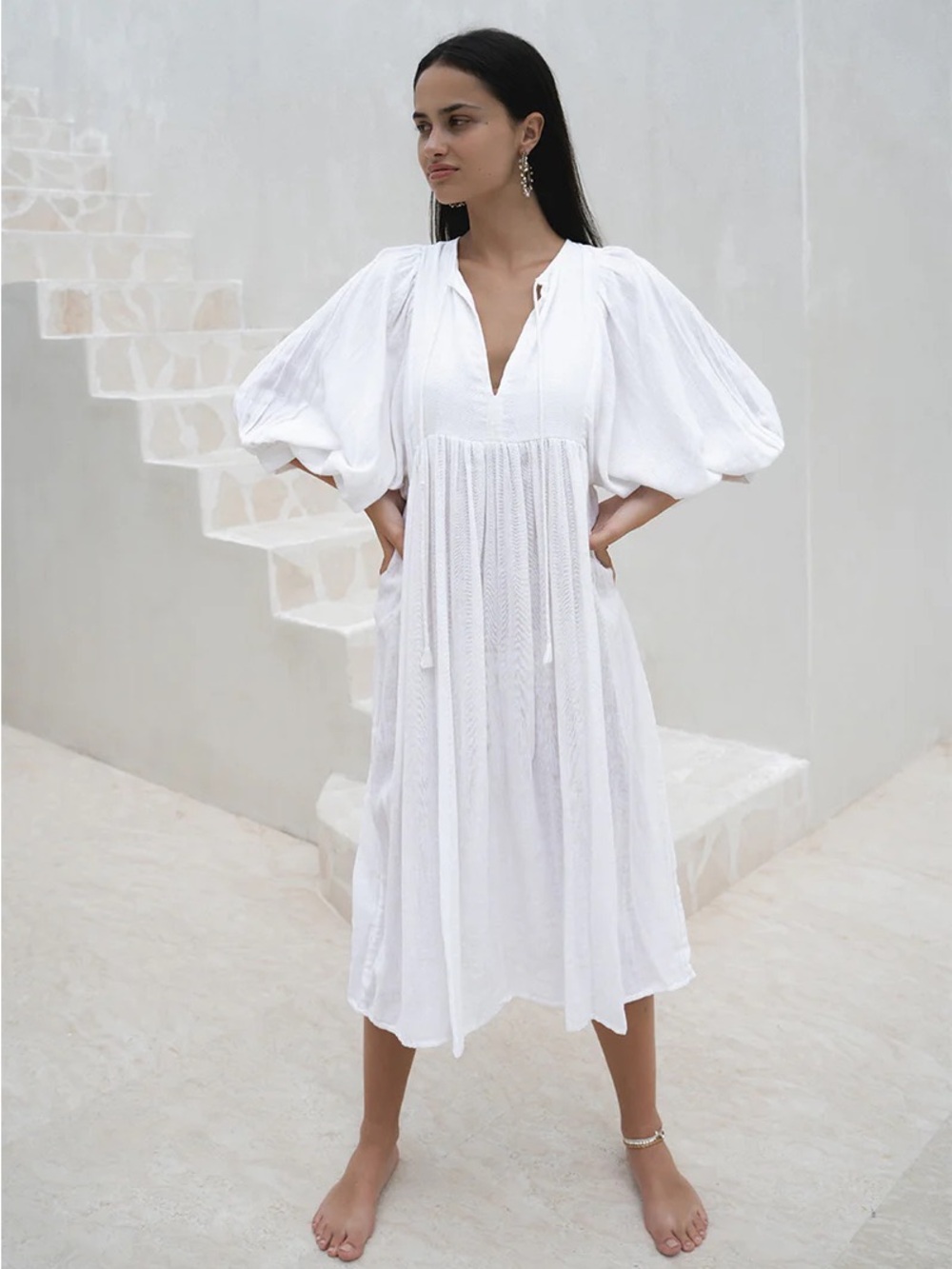 Daughters of India White Cotton Midi Dress